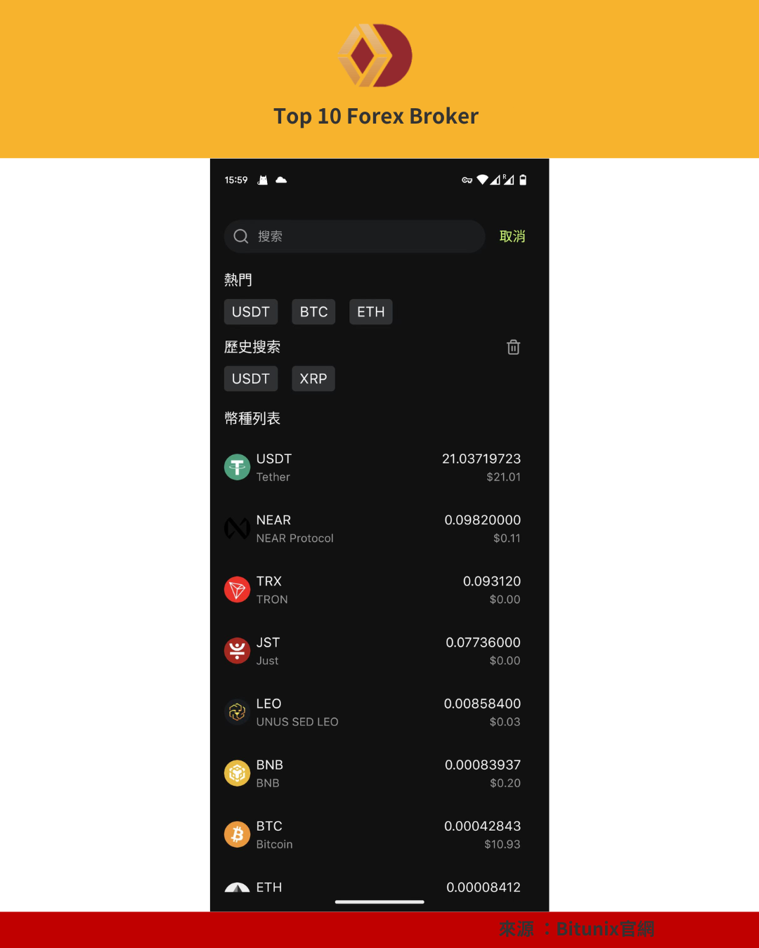 Bitunix  App的資產列表截圖