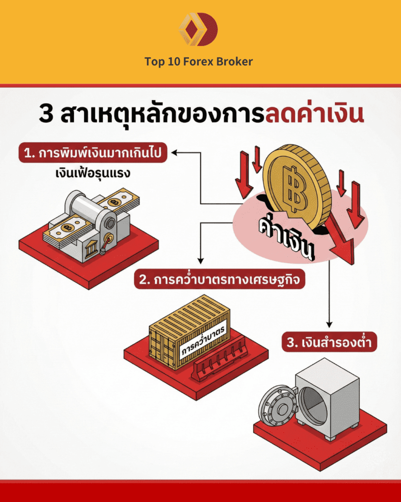 อินโฟกราฟิกแสดง 3 สาเหตุหลักที่ทำให้ค่าเงินอ่อนค่าและเกิดภาวะเงินเฟ้อ ได้แก่ การพิมพ์เงินมากเกินไป การคว่ำบาตร และทุนสำรองระหว่างประเทศลดลง