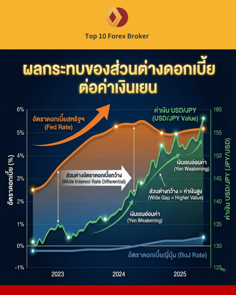 กราฟแสดงความสัมพันธ์ระหว่างส่วนต่างอัตราดอกเบี้ยสหรัฐฯ-ญี่ปุ่น (Fed vs BoJ) ซึ่งเป็นตัวแปรสำคัญต่อ ค่าเงินเยน แนวโน้ม