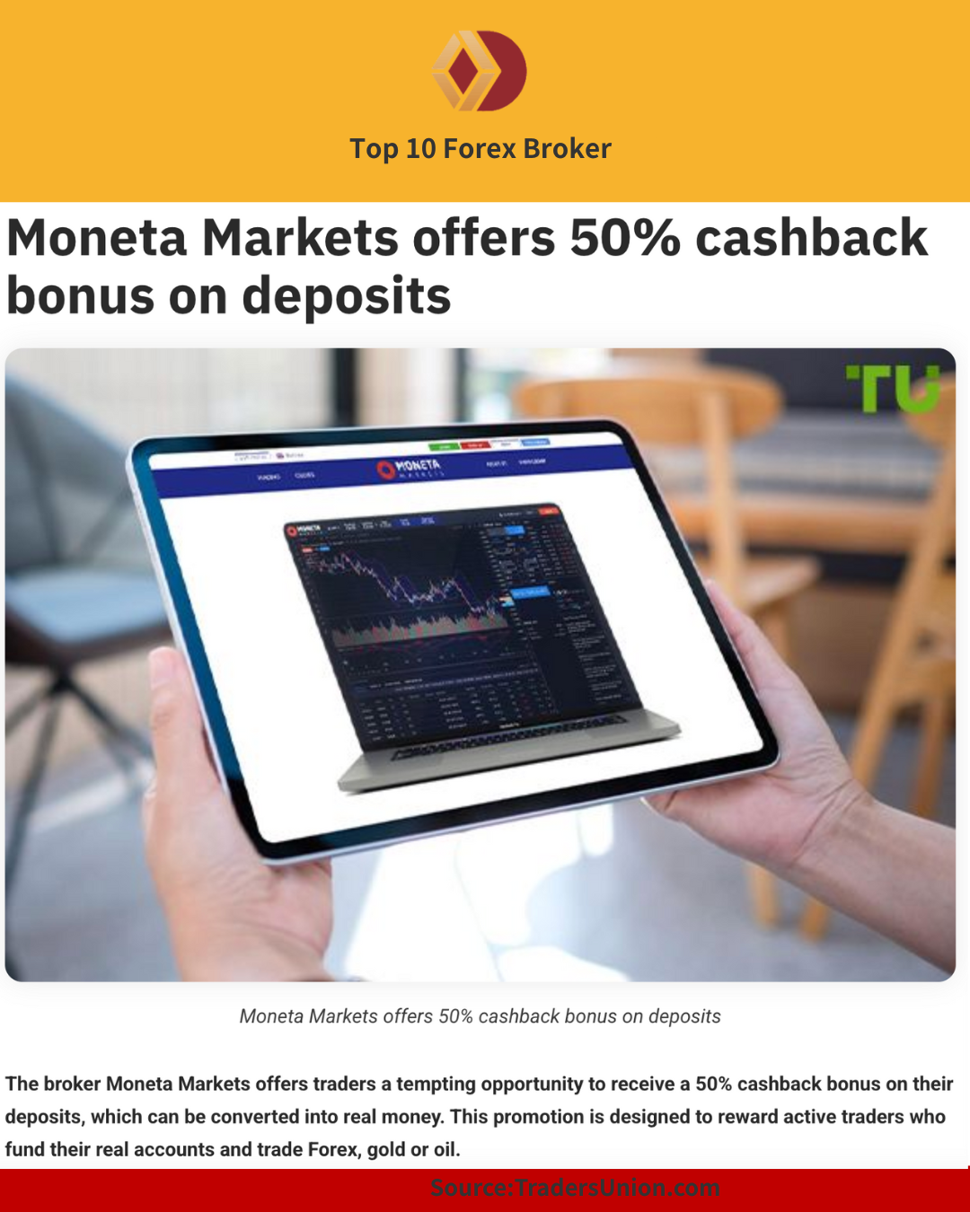 Tablet displaying Moneta Markets trading interface
