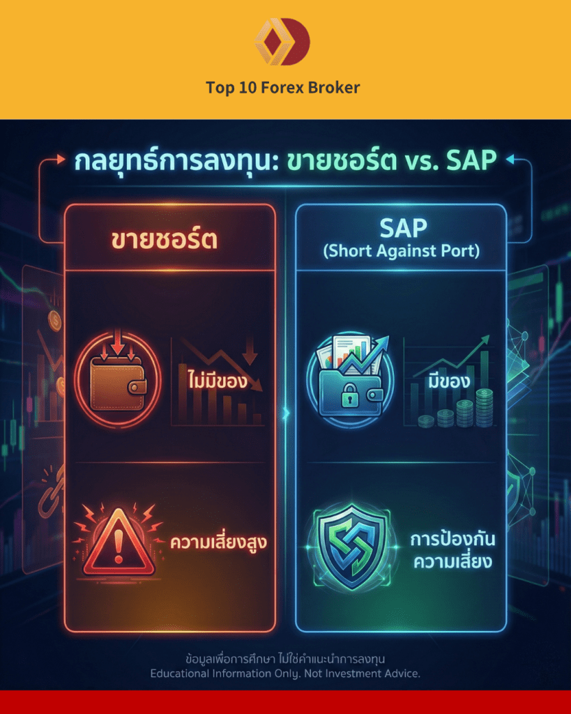 ตารางเปรียบเทียบความแตกต่างระหว่าง Short Sell (การยืมหุ้นมาขาย) และ Short Against Port (SAP) ในด้านความเสี่ยงและการถือครองหุ้น