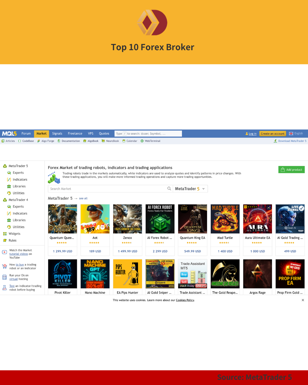 MQL5 marketplace interface displaying forex trading robots and indicators.