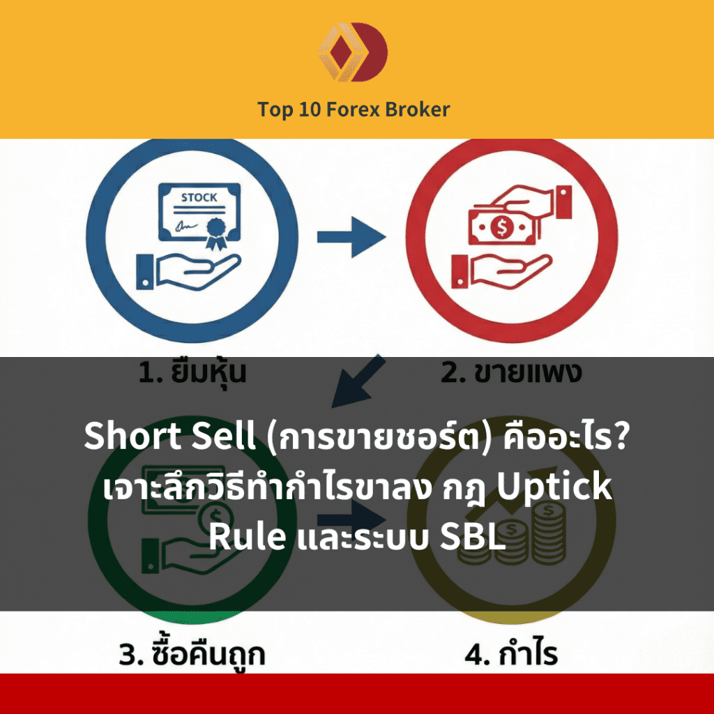 แผนภาพแสดงขั้นตอนการทำ Short Sell ในตลาดหุ้น: เริ่มจากการยืมหุ้น (SBL) การขายชอร์ตเพื่อทำกำไร และการซื้อคืนเมื่อราคาลดลง